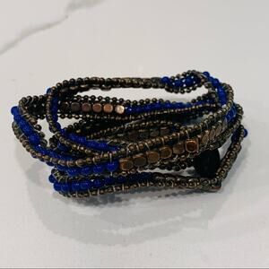 Beaded Corded Blue Copper Wrap Bracelet Total  27"